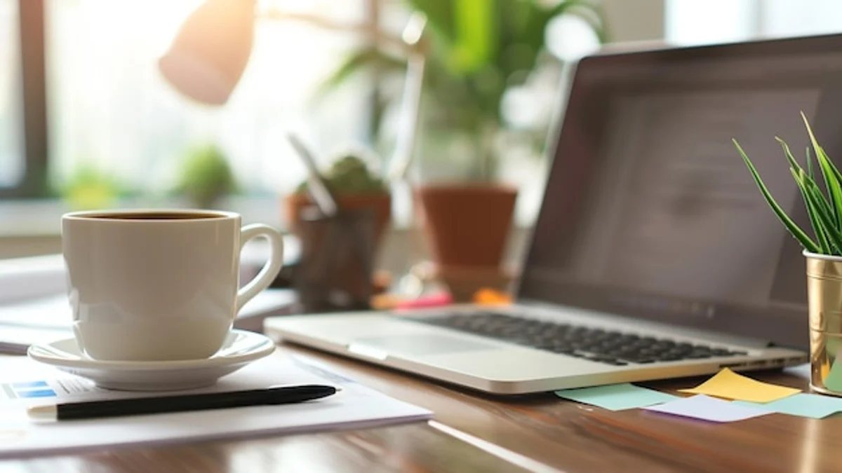 notebook on table with pen and coffee cup cozy workspace