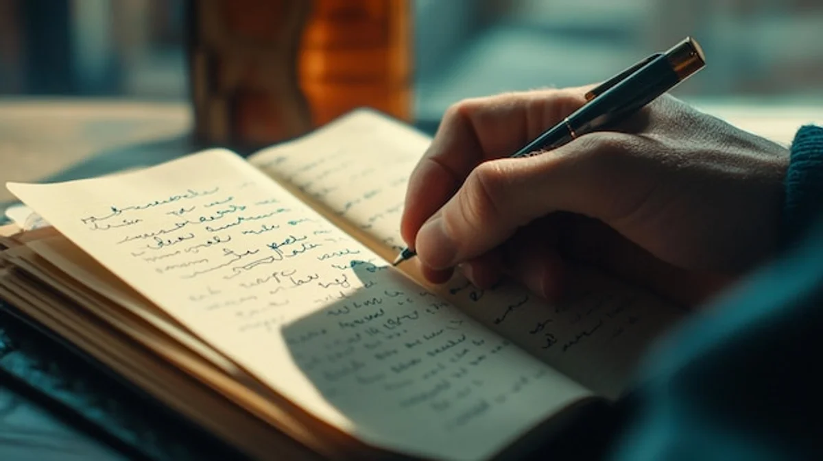 hand writing in premium hardcover notebook creative journaling desk