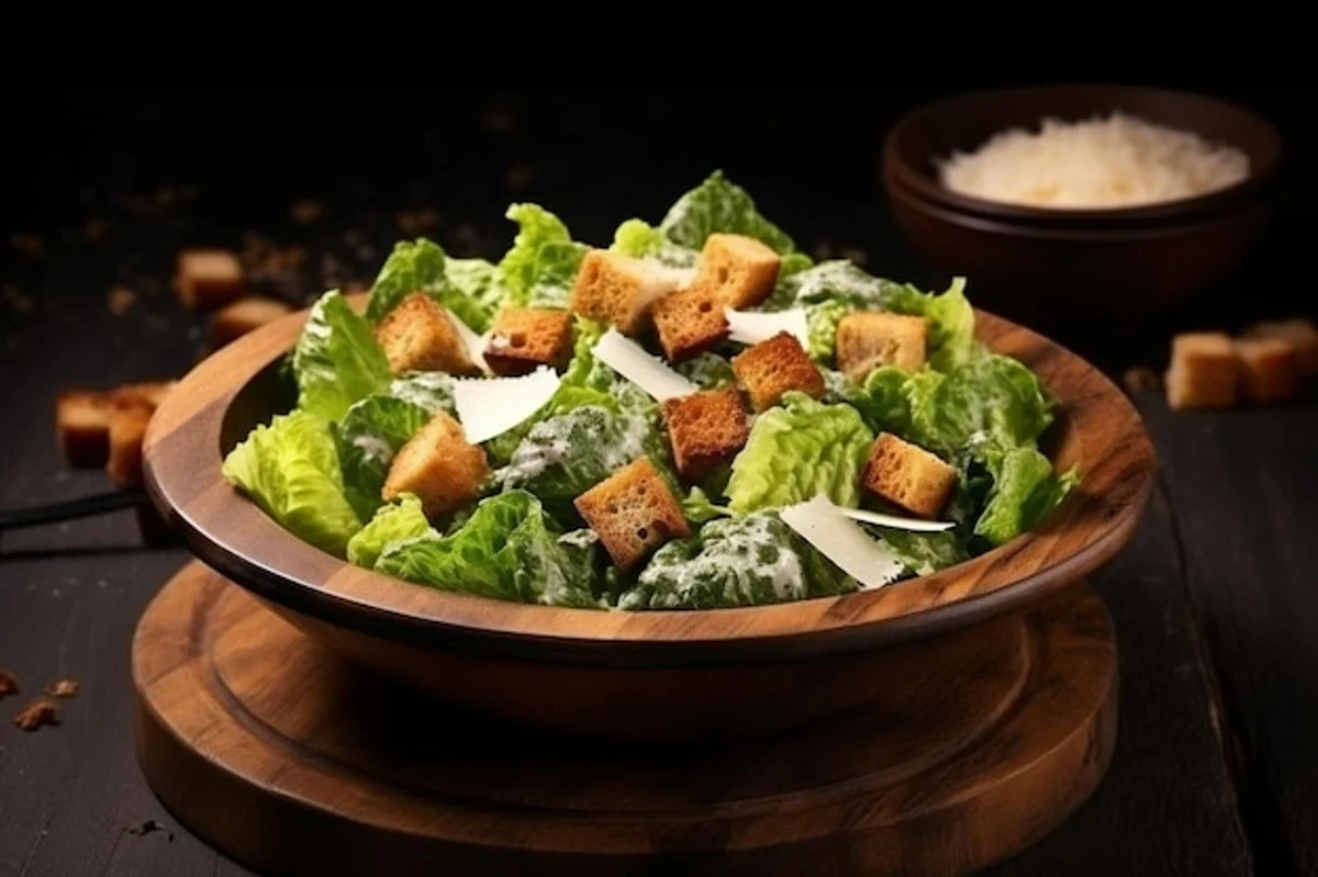 salad with homemade croutons top view close-up