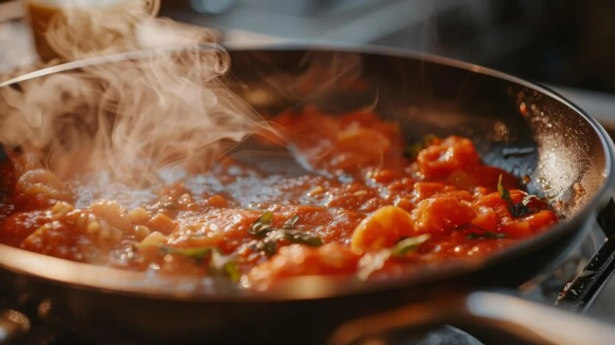 pasta being finished in sauce pan close-up