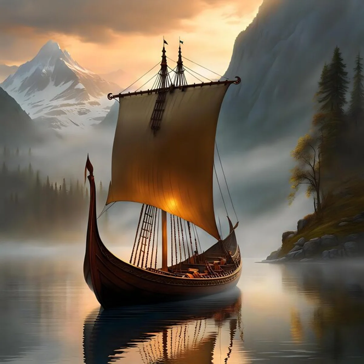 Viking longship sailing on a misty river