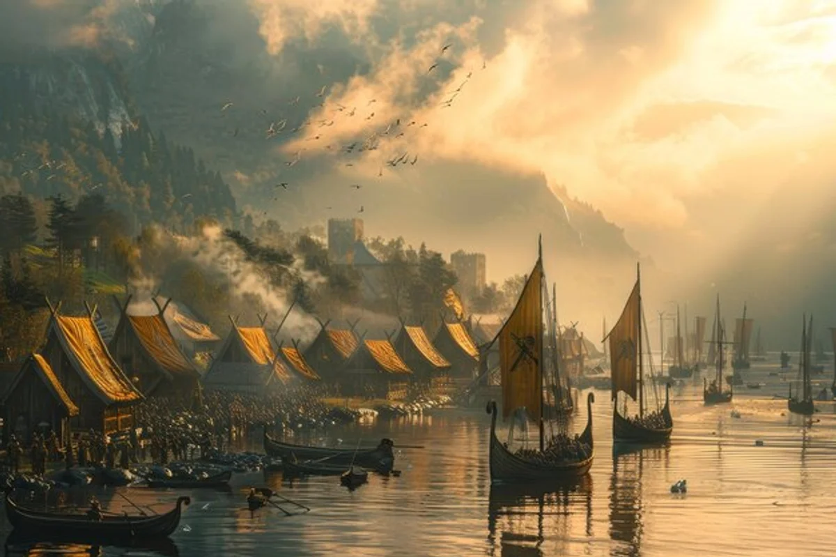 Viking ship at sunrise with historical town in background