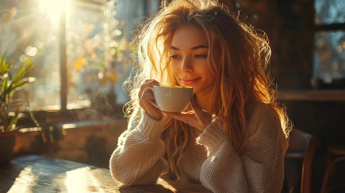 woman drinking coffee at cozy cafe morning sunlight happiness
