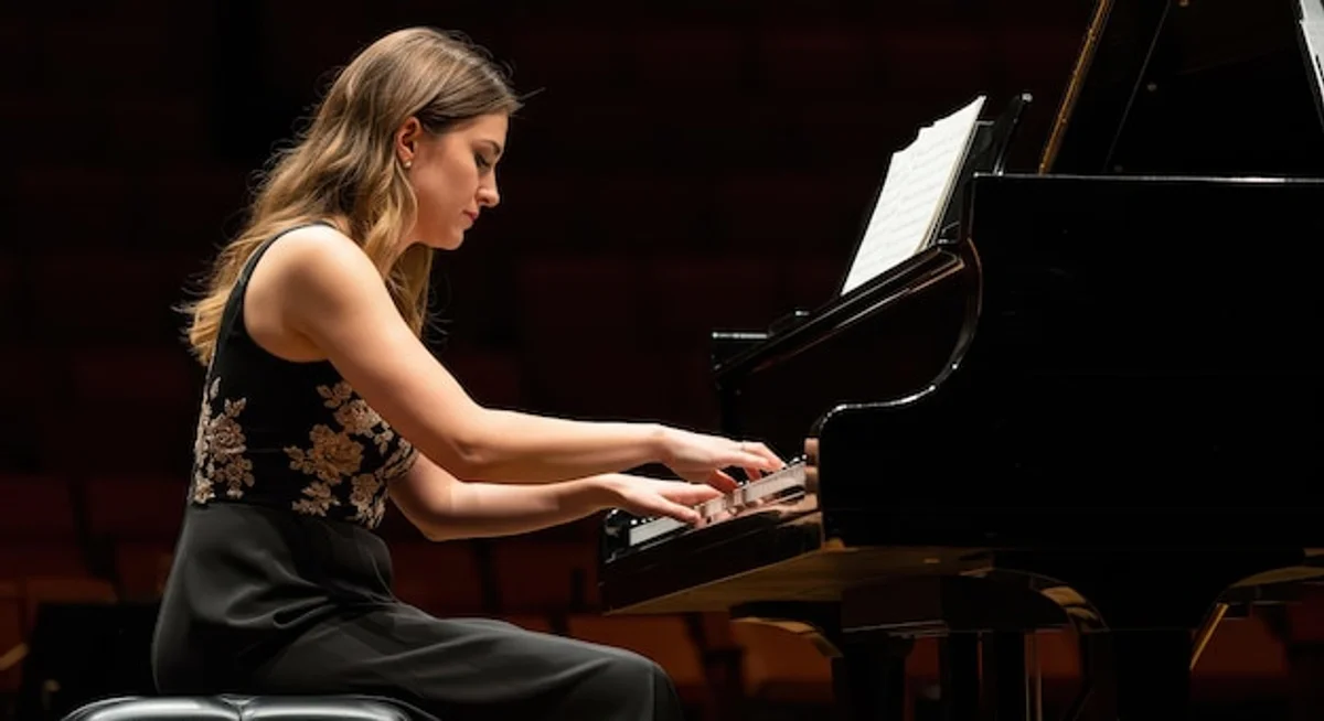 female pianist performing classical music vintage