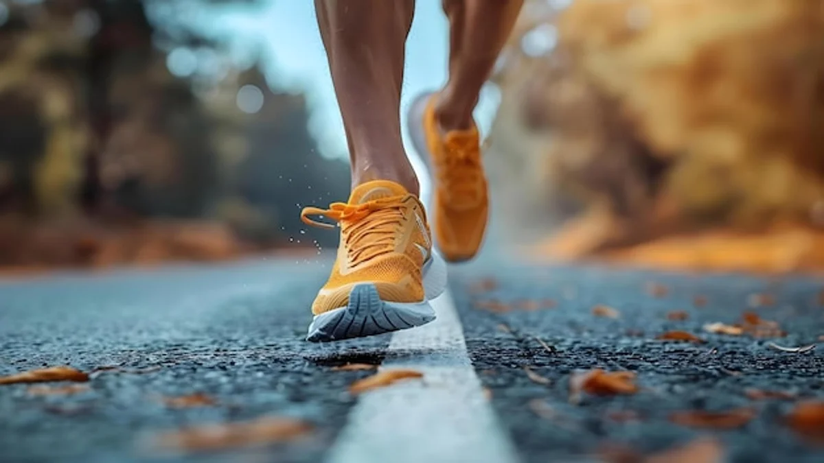 worn out running shoes on pavement closeup