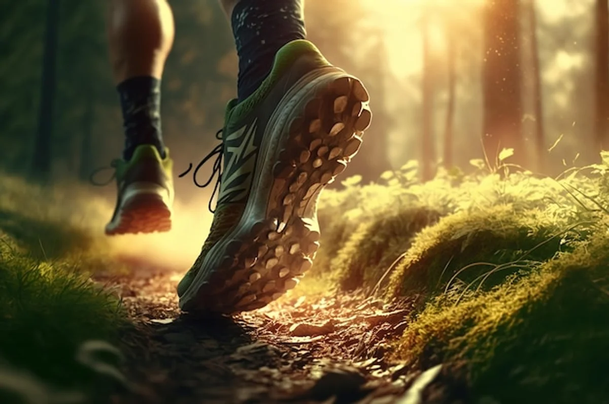 runner switching running shoes forest trail