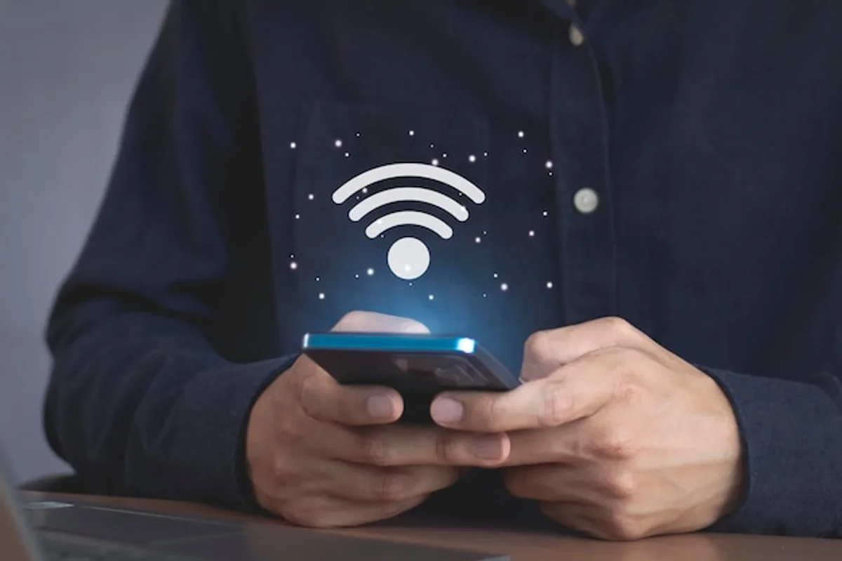 man using smartphone with WiFi signals in background