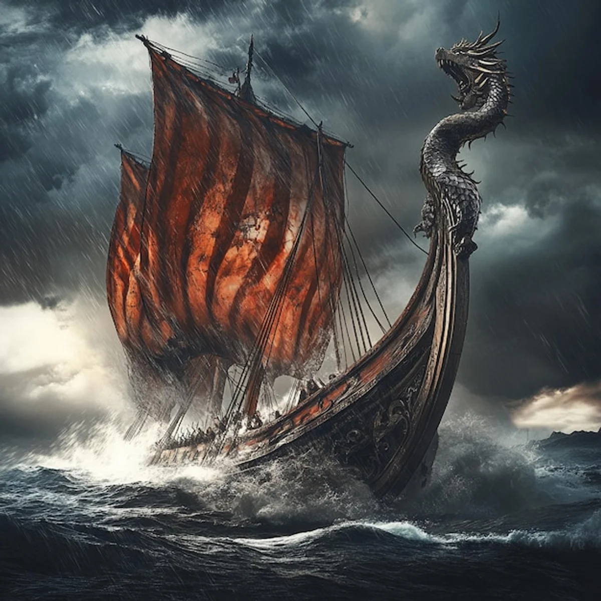 viking longship on stormy sea art