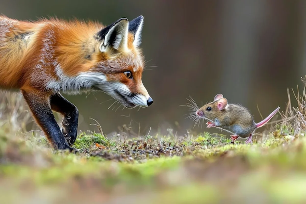 fox eating mice in nature