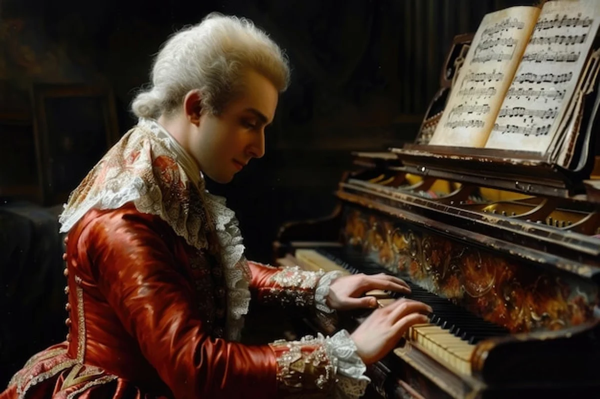 young mozart playing piano painting