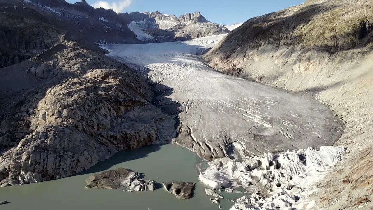melting alpine glacier border aerial