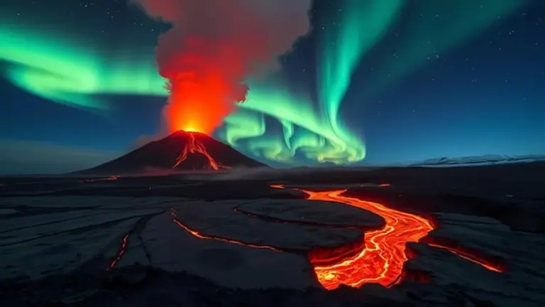 Iceland volcano eruption night aurora