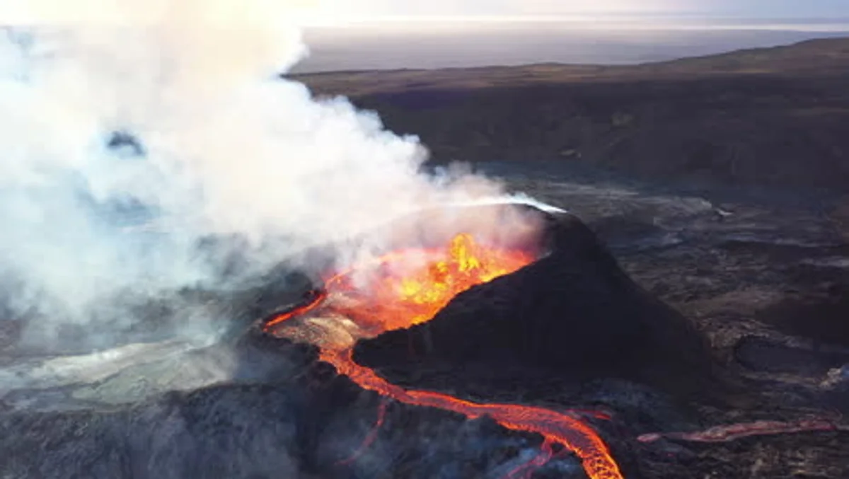 Icelandic volcanoes erupting viewed from above, dramatic landscape