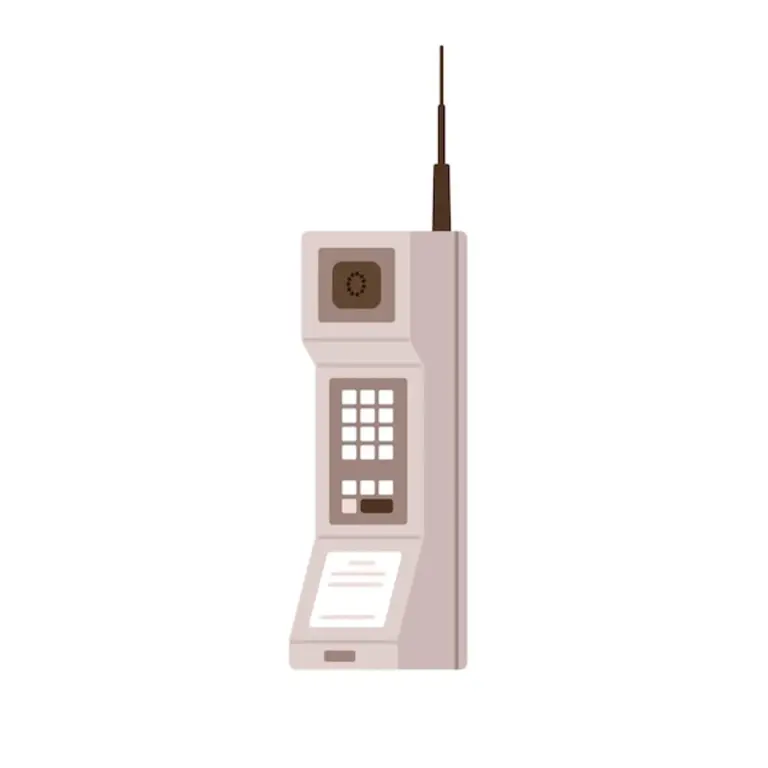 retro giant mobile phone in hand, 1980s style