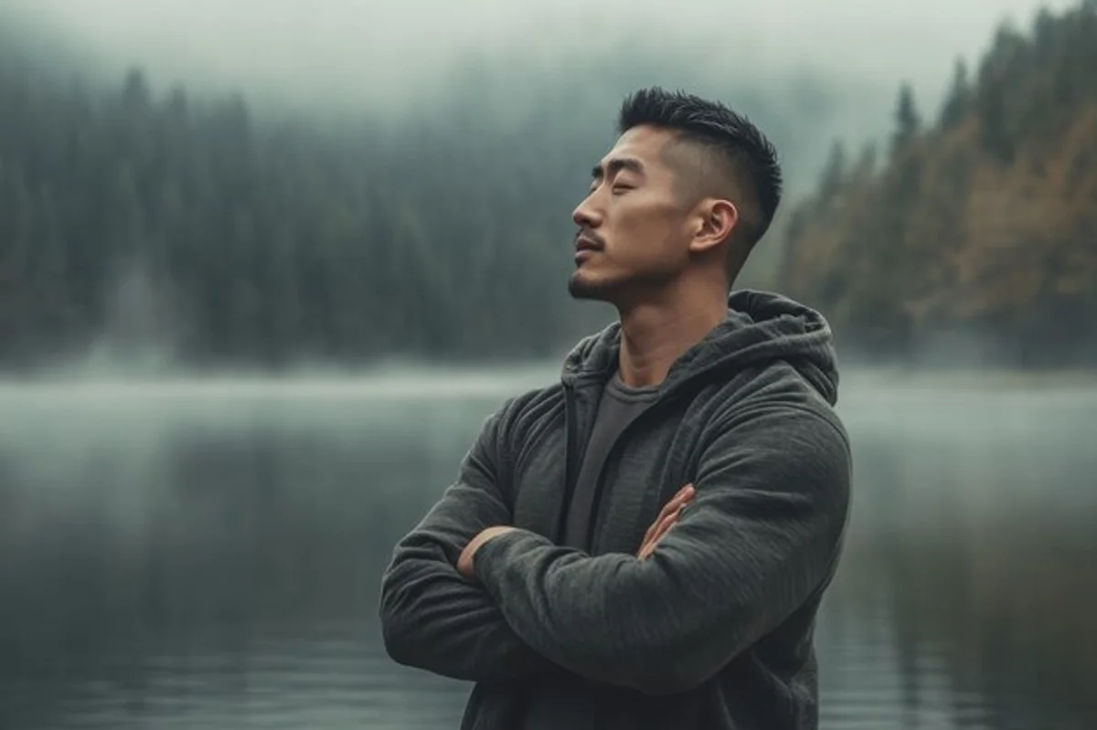 man deep breathing morning bed calm